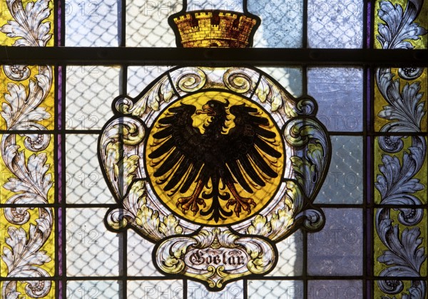 Stained glass window with the city coat of arms in the market church of St Cosmas and Damian, Goslar, UNESCO World Heritage Site, Lower Saxony, Germany, Europe