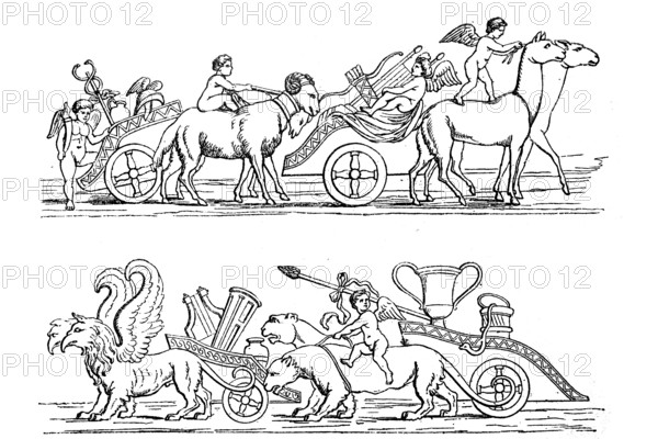 Triumphal procession of Eros, in Greek mythology the god of covetous love, Cupid, Historical, digital reproduction of an original from the 19th century