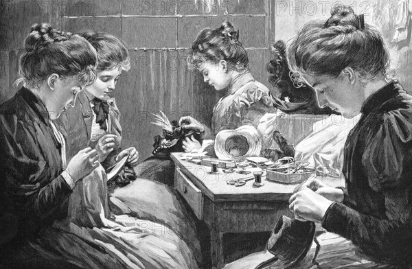 Four young woman sewing at a table, Housework, Historical, digitally restored reproduction from a 19th century model, c. 1890, Record date not stated