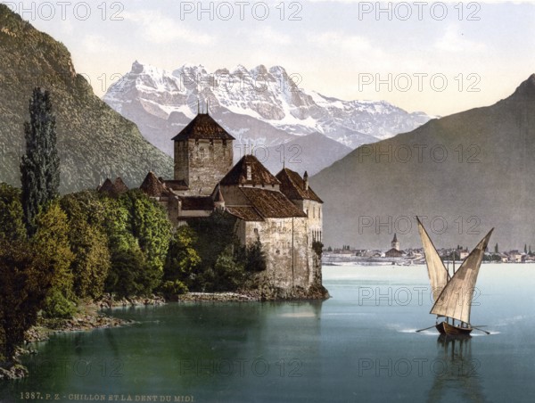 A lateen-sail barque on Lake Geneva near the Château de Chillon and with the Dents du Midi in the background, Switzerland, Historic, digitally restored reproduction from a 19th century original, Record date not stated, a lateen-sail barque on Lake Geneva near the Château de Chillon and with the Dents du Midi in the background, Switzerland, Historic, digitally restored reproduction from a 19th century original, Record date not stated, Europe