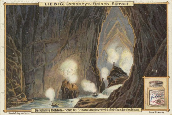 Picture series Famous caves, cave near St. Kanzian, Austria, Reia river Lorelyfelsen, Liebig picture, digitally restored reproduction of a collector's picture from around 1900, public domain, exact date unknown, boats gliding through an impressively illuminated cave, Europe