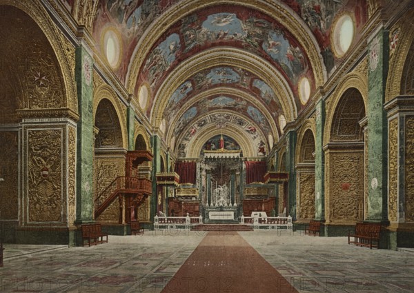 Interior, St. John's Co-Cathedral, the cathedral of the Roman Catholic Archdiocese of Malta in Valletta, 1890, Historic, digitally restored reproduction from a 19th century original, Record date not stated