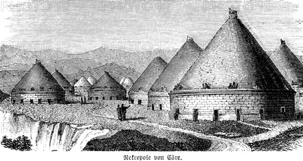 Banditaccia necropolis near Cerveteri, the Etruscan Caere, cemetery from the 2nd century BC, round, building-like tombs with pointed roof, tumulus, visitors, mountainous landscape, Lazio region, history of mankind, Italy, historical illustration 1880, Europe