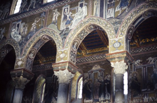 Religious wall paintings in the Norman cathedral of Monreale, Cathedral of Monreale, near Palermo, Sicily, Italy, in 1999, Europe