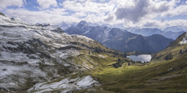 Panorama from Zeigersattel to Seealpsee, in the back left the Hoefats 2259m, Allgaeuer Alps, Allgaeu, Bavaria, Germany, Europe
