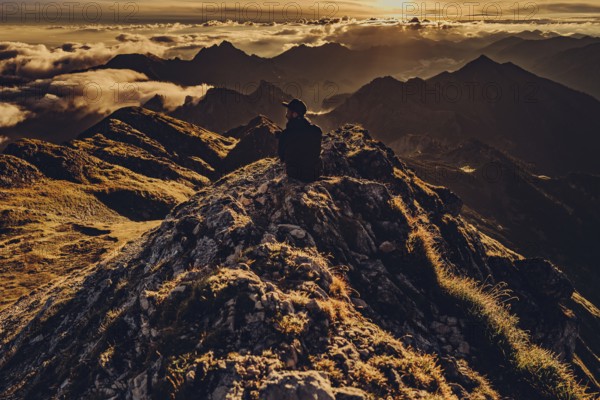 Sunrise hike on the Hochplatte in the Ammergau Alps, Ammergebirge in the Allgäu, Bavaria, Germany, Europe