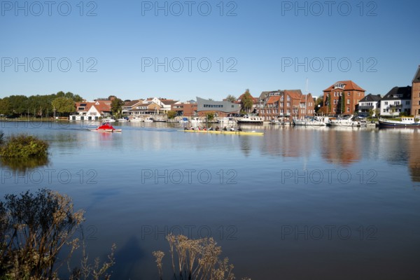 Leisure harbour, moorings, motorboats, Leer, East Frisia, Germany, Europe