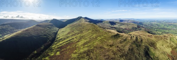 Pen y Fan and Cribyn from a drone, Brecon Beacons National Park, Wales, England, United Kingdom, Europe