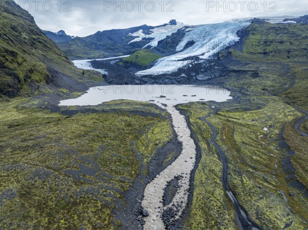 Aerial view of glacier Falljökull, a glacier tongue of Vatnajökull glacier, glacial lake, Iceland, Europe