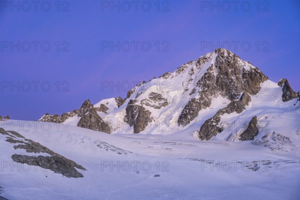 High alpine mountain landscape at sunset, Glacier du Tour, glacier and mountain peak, summit of the Aiguille de Chardonnet, Chamonix, Haute-Savoie, France, Europe