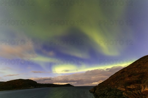 Northern Lights, (Aurora borealis) at a fjord in the Barents Sea near Bugoynes, September 2024, Lapland, Finnmark, Norway, Europe