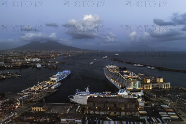 Naples Ferry Terminal at night from a drone, Molo Immacolatella Vecchia, Naples, Campania, Italy, Europe