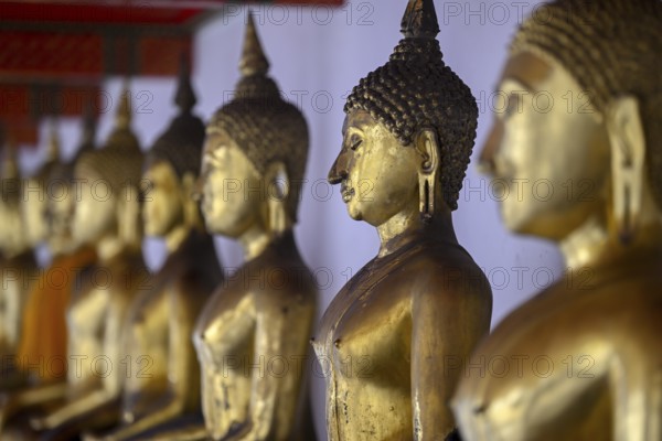 Gilded Buddha statues in Wat Pho, Temple of the Reclining Buddha, Bangkok, Thailand, Asia