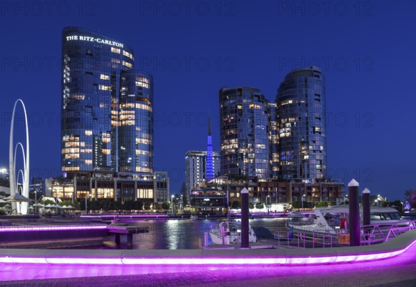 Skyline at Elisabeth Quay, blue hour, blue hour, harbour, Perth, State of Western Australia, Australia, Oceania