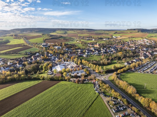 Aerial view of the town of Tengen, during the 734th Schätzele market, one of the most important folk festivals in South Baden, market and amusement park, Hegau, district of Constance, Baden-Württemberg, Germany, Europe
