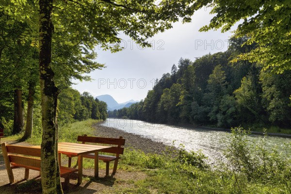 River landscape with picnic area on the Saalachtal cycle path, Saalach, Piding, Germany, Europe
