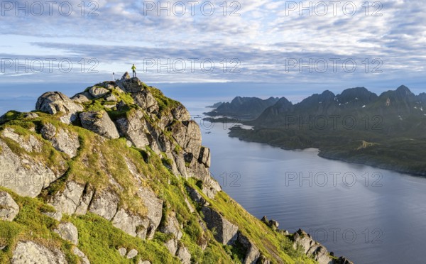 Climber on the summit of Dronningsvarden or Stortinden, behind sea and fjord Umvågsundet, Vesterålen, Norway, Europe