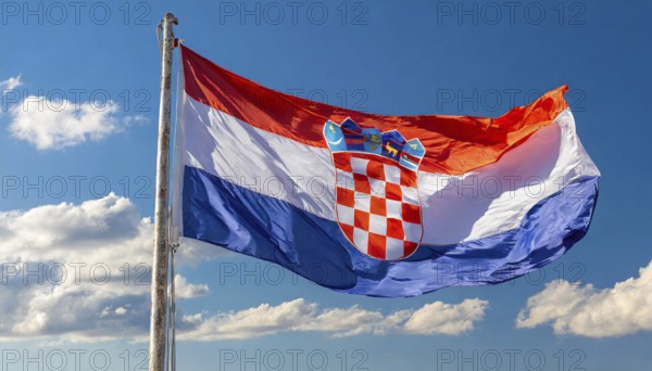 Flags, the national flag of Croatia flutters in the wind