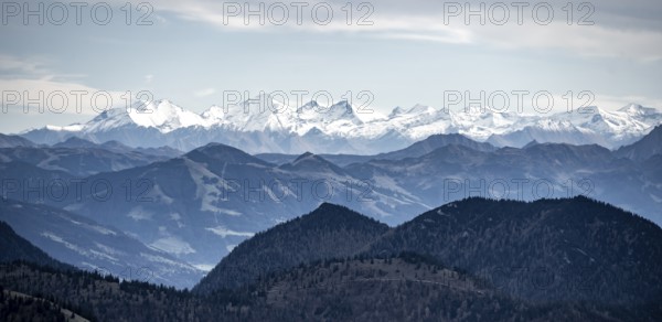 View of the Alpine foothills and main Alpine ridge with snow-covered peaks, summit of the Hohe Tauern with Großvenediger, from the Austrian Schinder, Bavarian Alps, Mangfall mountains, Bavaria, Germany, Europe