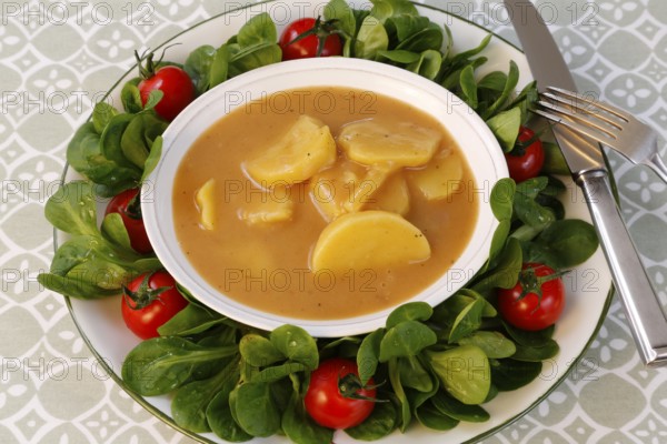 Swabian cuisine, sour potato wheels, potato slices in sour sauce, healthy cuisine, typical Swabian, home cooking, traditional cuisine, food photography, studio