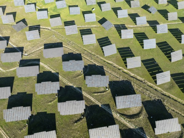 Rows of solar panels at a photovoltaic plant near town of Espejo. Aerial view. Drone shot. Córdoba province, Andalucía, Spain, Europe