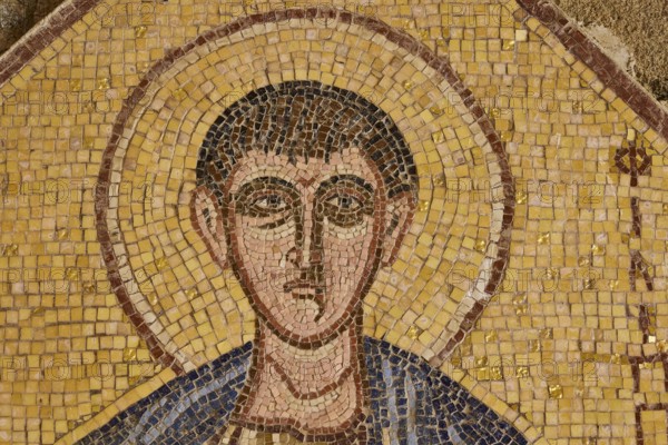 Monastery of Our Lady of Mount Filerimos, detail of a religious mosaic of a holy person with fine artistic elaboration, Filerimos, hill not far from Rhodes town, Ancient State of Ialyssos, Rhodes, Dodecanese, Greek Islands, Greece, Europe