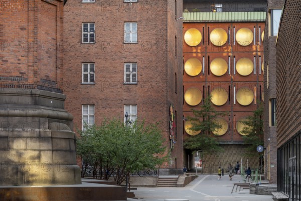 Inner courtyard with brick buildings and contemporary architecture, Carlsberg district, Copenhagen, Denmark, Europe