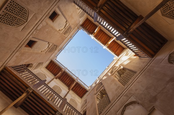 Inner courtyard of the Jabrin palace fortress, view upwards, Jabrin, near the town of Bahla, Arabian Peninsula, Sultanate of Oman