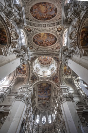 Baroque stucco and ceiling fresco created in the 17th century, Passau Cathedral, Passau, Lower Bavaria, Bavaria, Germany, Europe