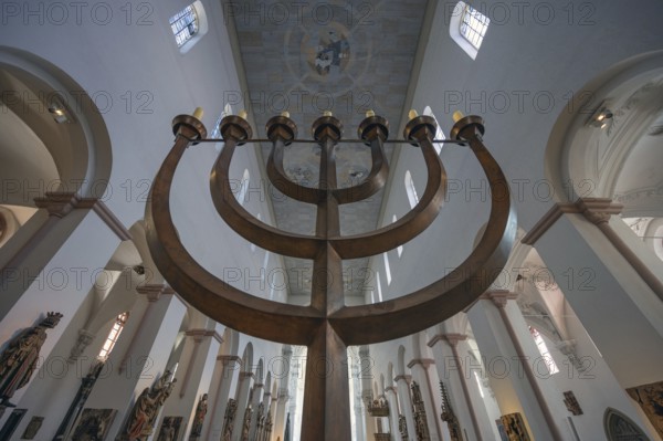 The menorah created by Andreas Moritz, 1981 Interior of St Kilian's Cathedral, Würzburg, Lower Franconia, Bavaria, Germany, Europe