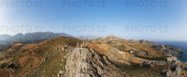 Drone image, Holy Church of Agios Paision near Plakias, south coast, Crete, Greece, Europe