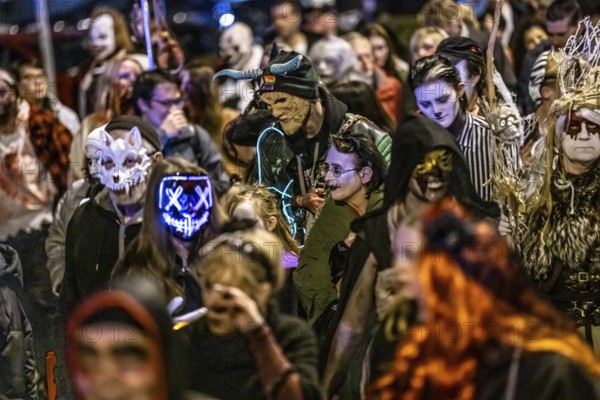 The Zombiewalk in Essen, on Halloween several hundred people, some dressed as scary zombies, undead, walked from the main railway station to the district of Rüttenscheid, North Rhine-Westphalia, Germany, Europe