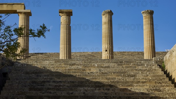 Acropolis of Lindos, morning light, Propylaea with open staircase, Lindos, Rhodes, Dodecanese, Greek Islands, Greece, Europe