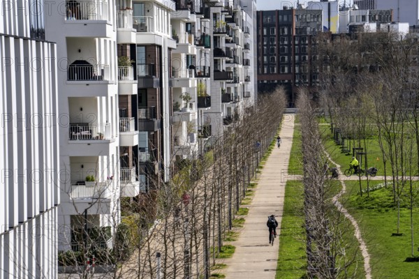 Modern residential neighbourhood along Toulouser Allee, high-rise buildings with flats and offices, on former railway premises, freight yard, commercial areas, North Rhine-Westphalia, Germany, Europe
