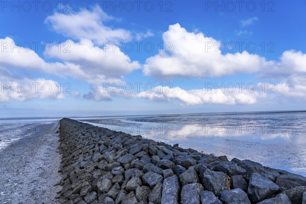 The Wadden Sea, East Frisia, between Bensersiel and Neuharlingersiel, Breakwater behind the dyke, Lower Saxony, Stairs, Germany, Europe