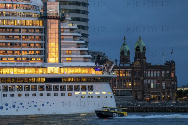 Cruise ship Aida Prima at the Cruise Terminal of Rotterdam, Kop van Zuid, skyscrapers at the Wilhelminakade, Hotel New York building, water taxi, Netherlands