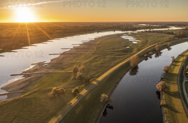 Aerial view of channel Gnevsdorfer Vorfluter and river Elbe at sunset, between Wittenberge and Havelberg, Germany, Europe