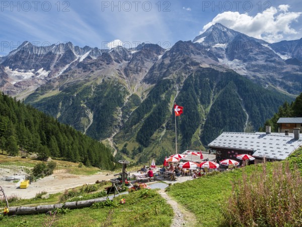 Restaurant along hiking path Loetschtaler Höhenweg, valley Loetschental, Valais, Switzerland, Europe