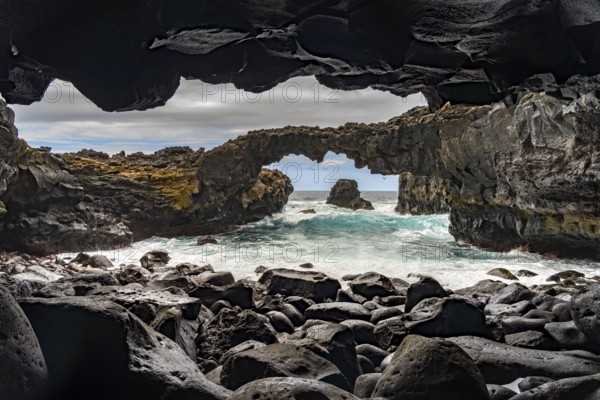 Lava rock bridge on the coast of Las Puntas, El Hierro, Canary Islands, Spain, Europe