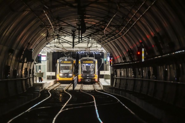 Trams and light rail operate the rail-based public transport network in Karlsruhe. They are operated by Verkehrsbetriebe Karlsruhe (VBK) and Karlsruher Verkehrsverbund (KVV) . Combined solution with tunnel. Karlsruhe, Baden-Württemberg, Germany, Europe