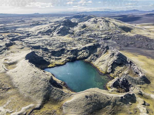 Lake in Tjarnargigur crater, moss-covered Laki crater or Lakagígar, series of craters, aerial view, interior highlands of Iceland, Suðurland, Iceland, Europe