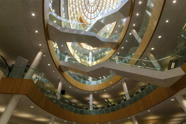 Soaring modern elliptical atrium in the Central Library building, city of Liverpool, England, UK