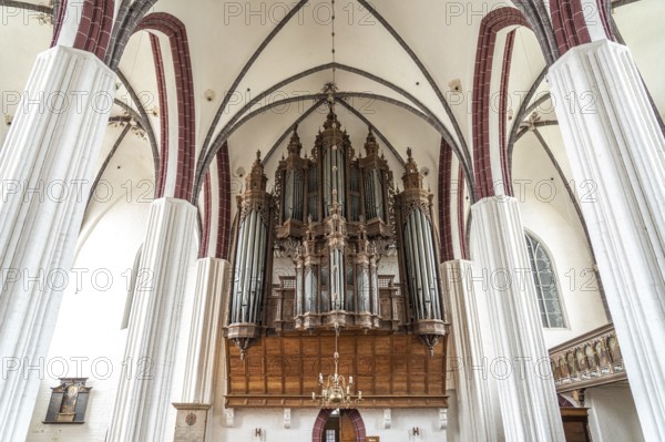 Organ by the Hamburg master organ builder Hans Scherer in the interior of St Stephan's Church in Tangermünde, Saxony-Anhalt, Germany, Europe