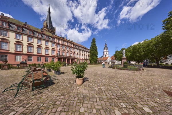 Erbach Castle, outdoor area with tables and chairs, flower pots, trees, monument to Count Franz, church tower, Erbach town church, blue sky with cumulus clouds, market square, Erbach, Odenwald, Odenwaldkreis, Hesse, Germany, Europe