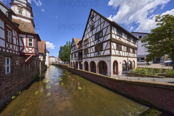 River Mümling, historic half-timbered houses, trees, blue sky with cumulus clouds, Erbach, Odenwald, Odenwaldkreis, Hesse, Germany, Europe