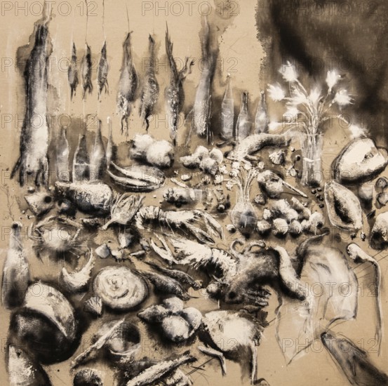 Still life with rabbit, 2021, v, Exhibition Miquel Barcelo, Vida y Muerte, Museum Kueppersmuehle, Duisburg, Germany- Editorial use only permitted