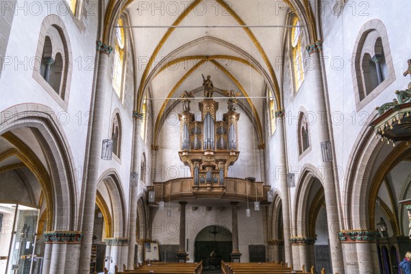Baroque organ by organ builder Johann Michael Stumm in the interior of the collegiate church of St Castor in Karden, Treis-Karden, Rhineland-Palatinate, Germany, Europe