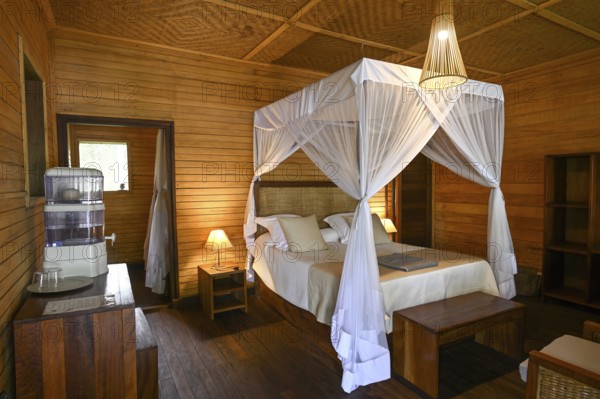 Chalet at Doli Lodge, interior view, Bayanga, Sangha-Mbaéré Prefecture, Central African Republic, Africa