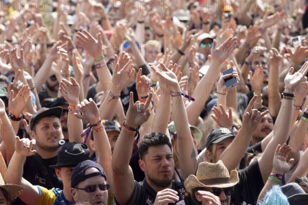 Adenau, Germany, 7 June 2024: Fans listen to Royal Blood at Rock am Ring. The festival takes place at the Nürburgring race track near the town of Adenau from 7 to 9 June 2024, Europe
