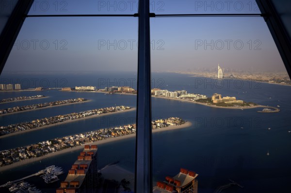 View from The View At the Palm, on Hotel Burj al Arab, Burj Khalifa, Downtown, Palm Jumeirah, Dubai, United Arab Emirates, VAR, Asia